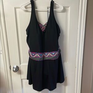 Swimsuits for All black with neon detail one piece swim dress women’s size 22